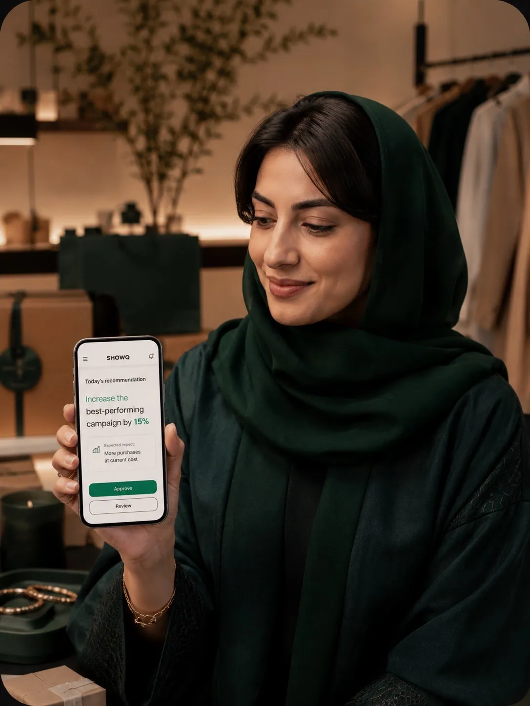 Store owner approving a SHOWQ recommendation on her phone